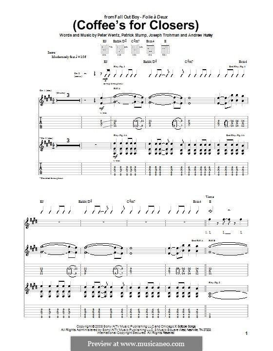 Coffee's for Closers (Fall Out Boy): Гитарная табулатура by Andrew Hurley, Joseph Trohman, Patrick Stump, Peter Wentz