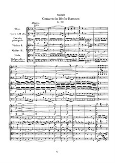 Концерт для фагота с оркестром си-бемоль мажор, K.191: Партитура by Вольфганг Амадей Моцарт