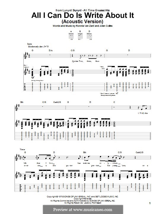 All I Can Do Is Write About It (Lynyrd Skynyrd): Гитарная табулатура by Allen Collins, Ronnie Van Zant