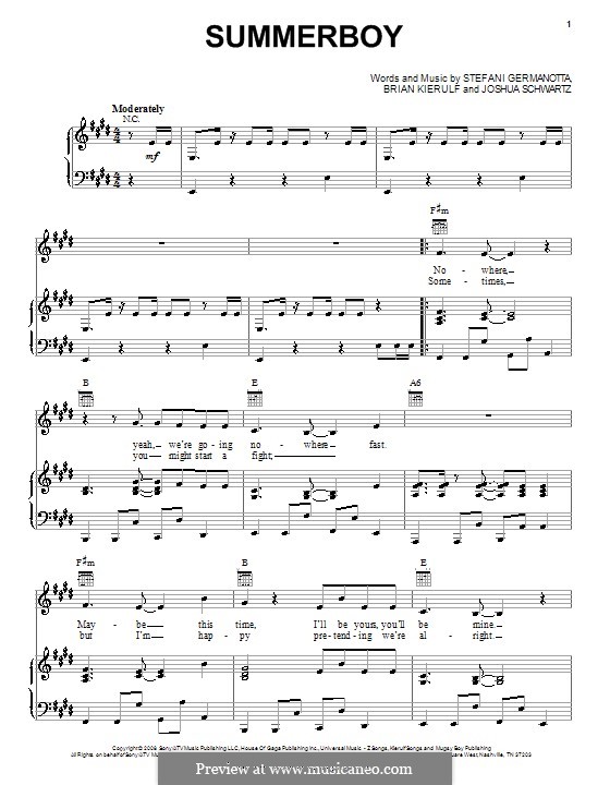 Summerboy (Lady Gaga): Для голоса и фортепиано (или гитары) by Brian Kierulf, Joshua Schwartz, Stefani Germanotta