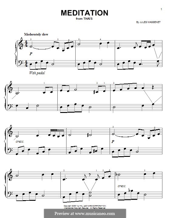 Meditation (printable scores): Для фортепиано (легкий уровень) by Жюль Массне