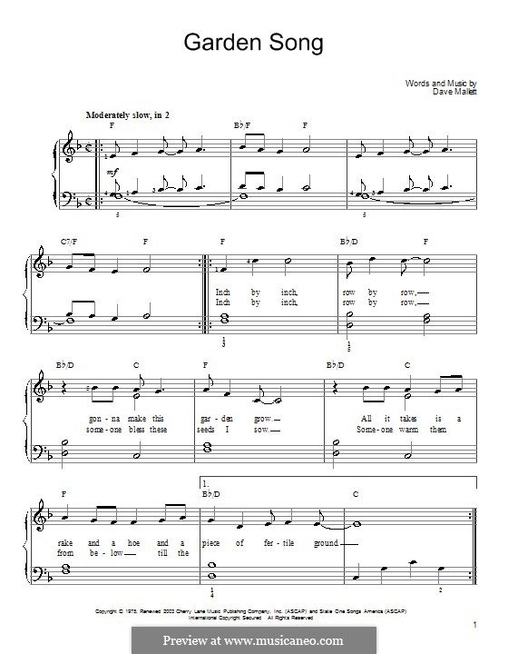 Garden Song: Для фортепиано (легкий уровень) by David Mallet