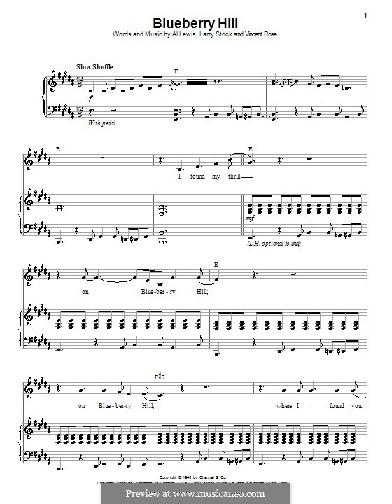 Blueberry Hill (Fats Domino): Для голоса и фортепиано или гитары (B Major) by Al Lewis, Larry Stock, Vincent Rose