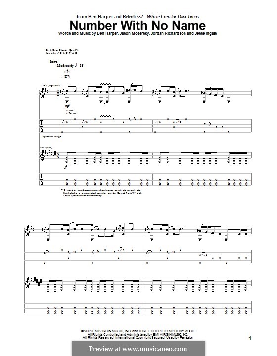 Number with No Name (Ben Harper and Relentless7): Гитарная табулатура by Jason Mozersky, Jesse Ingalls, Jordan Richardson