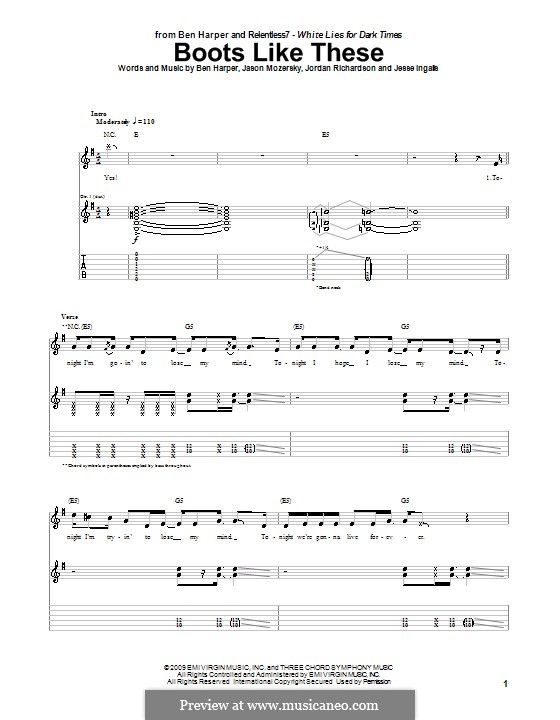 Boots Like These (Ben Harper and Relentless7): Гитарная табулатура by Jason Mozersky, Jesse Ingalls, Jordan Richardson