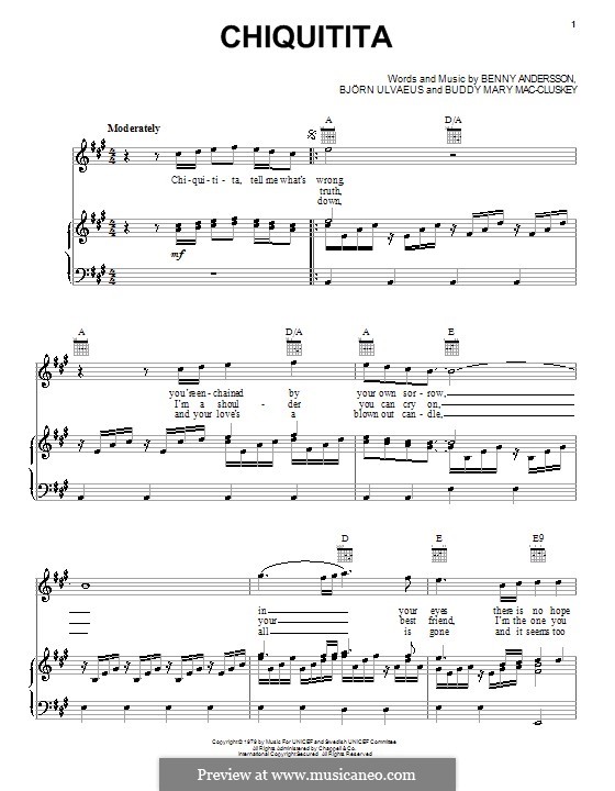Chiquitita (ABBA): Для голоса и фортепиано (или гитары) by Benny Andersson, Björn Ulvaeus