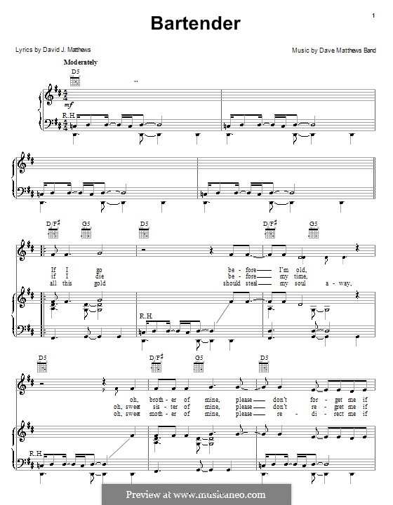 Bartender (Dave Matthews Band): Для голоса и фортепиано (или гитары) by David J. Matthews