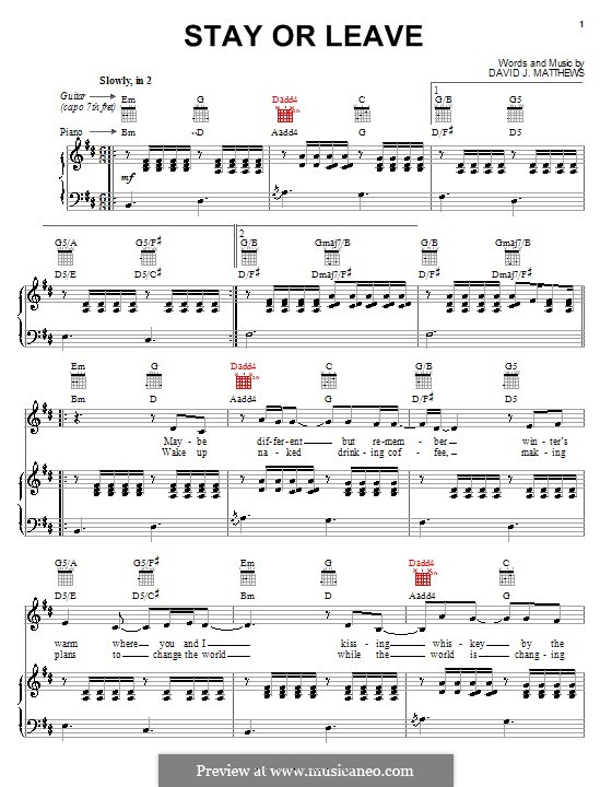 Stay or Leave: Для голоса и фортепиано (или гитары) by David J. Matthews