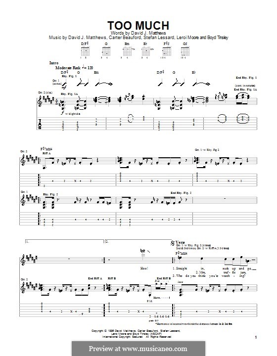 Too Much (Dave Matthews Band): Гитарная табулатура by Boyd Tinsley, Carter Beauford, David J. Matthews, Leroi Moore, Stefan Lessard