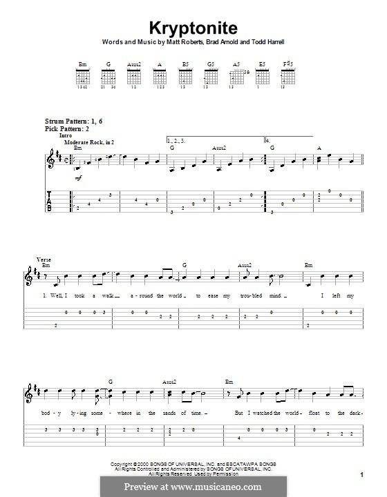 Kryptonite (3 Doors Down): Для гитары (очень легкая версия) by Brad Arnold, Matthew Roberts, Todd Harrell