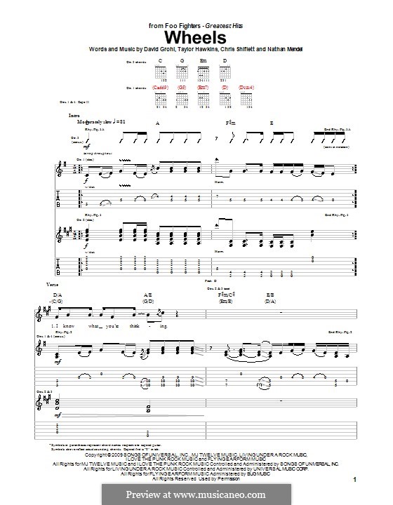 Wheels (Foo Fighters): Гитарная табулатура by Christopher Shiflett, David Grohl, Nate Mendel, Taylor Hawkins