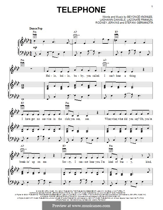 Telephone (Lady Gaga featuring Beyonce): Для голоса и фортепиано (или гитары) by Beyoncé, LaShawn Daniels, Lazonate Franklin, Rodney Jerkins, Stefani Germanotta