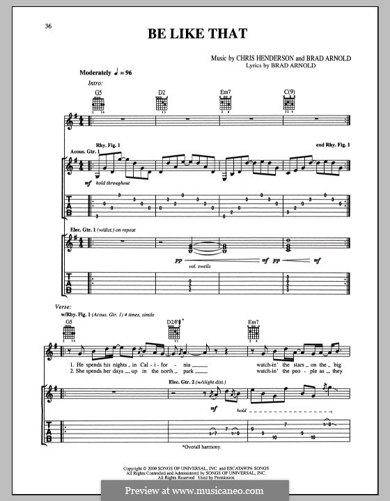 Be Like That (3 Doors Down): Гитарная табулатура by Brad Arnold, Christopher Henderson
