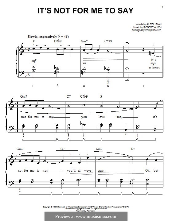 It's Not for Me to Say (Johnny Mathis): Для начинающего пианиста by Robert Allen