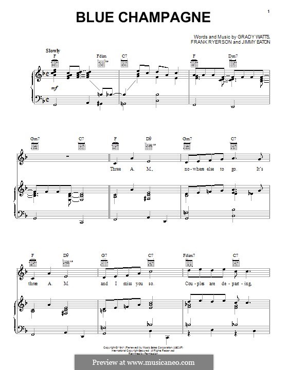 Blue Champagne (Jimmy Dorsey): Для голоса и фортепиано (или гитары) by Frank Ryerson, Grady Watts, Jimmy Eaton