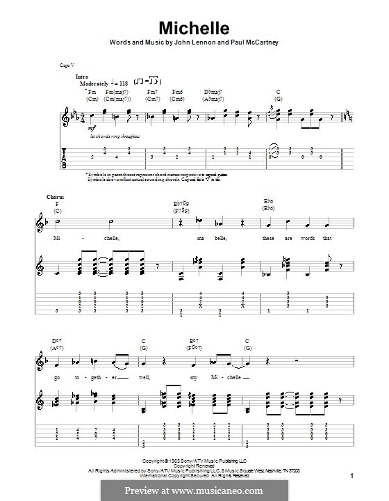 Michelle (The Beatles), for One Instrument: Гитарная табулатура (ноты высокого качества) by John Lennon, Paul McCartney