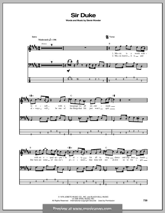 Sir Duke: For bass guitar tab by Stevie Wonder.