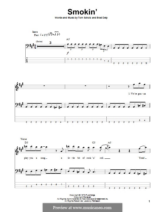 Smokin' (Boston): Для бас-гитары с табулатурой by Brad Delp, Tom Scholz