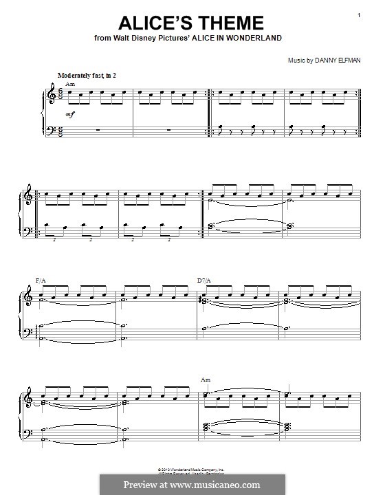 Alice's Theme (from Alice in Wonderland): Для голоса и фортепиано (или гитары) by Danny Elfman