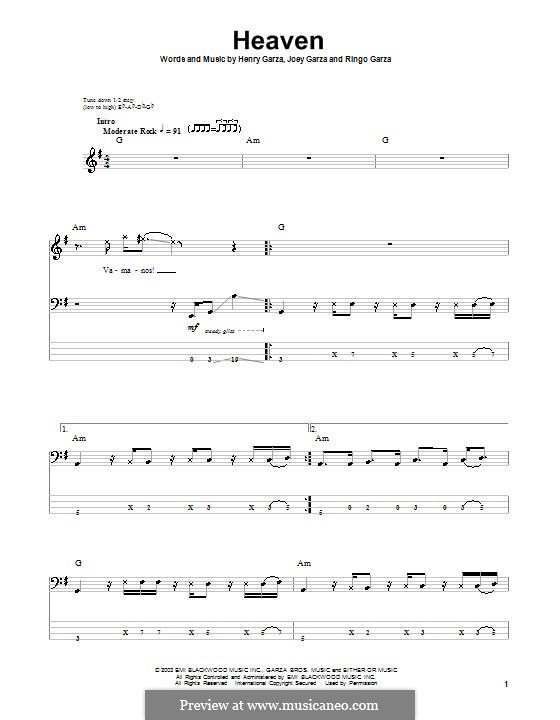 Heaven (Los Lonely Boys): Для бас-гитары с табулатурой by Henry Garza, Joey Garza, Ringo Garza