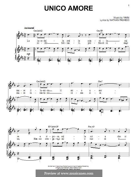 Unico Amore (Yanni): Для голоса и фортепиано (или гитары) by Nathan Pacheco
