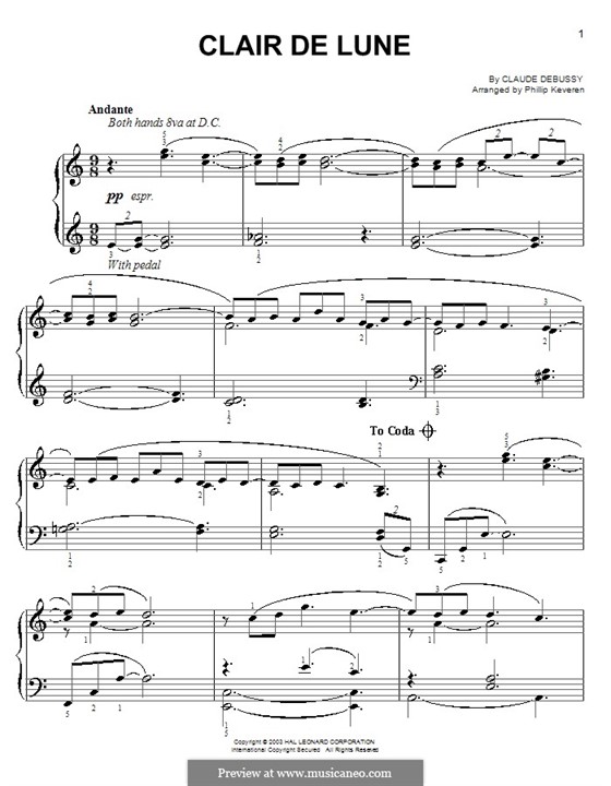 No.3 Лунный свет, для фортепиано: Version by P. Keveren by Клод Дебюсси
