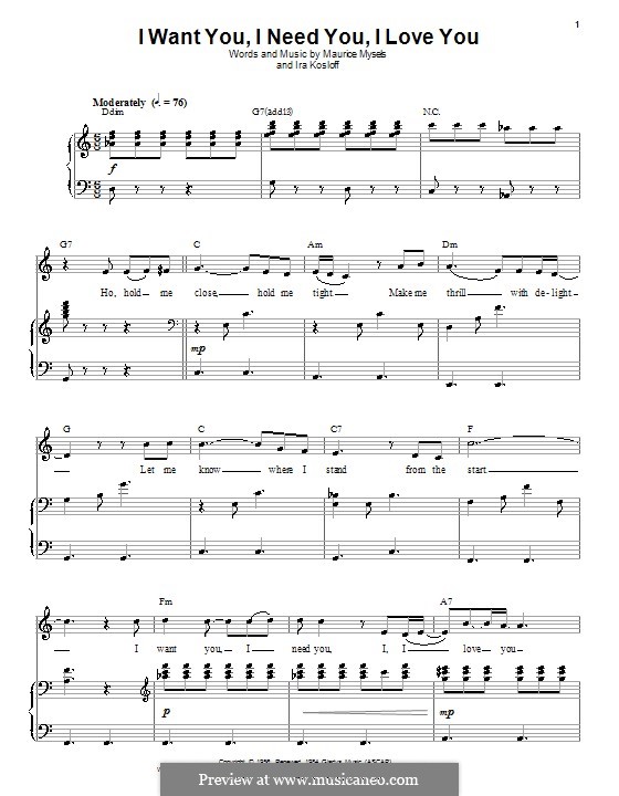 I Want You, I Need You, I Love You (Elvis Presley): Для голоса и фортепиано (или гитары) by Ira Kosloff