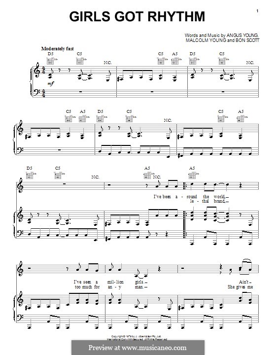 Girls Got Rhythm (AC/DC): Для голоса и фортепиано (или гитары) by Angus Young, Bon Scott, Malcolm Young