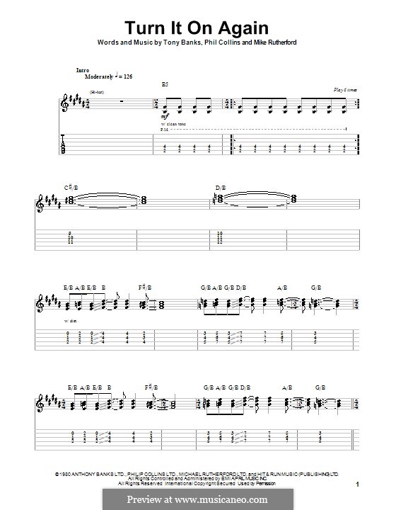 Turn it on Again (Genesis): Гитарная табулатура by Tony Banks, Mike Rutherford, Phil Collins