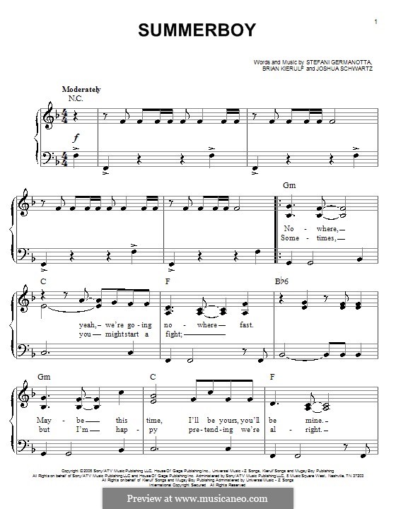 Summerboy (Lady Gaga): Для фортепиано (легкий уровень) by Brian Kierulf, Joshua Schwartz, Stefani Germanotta