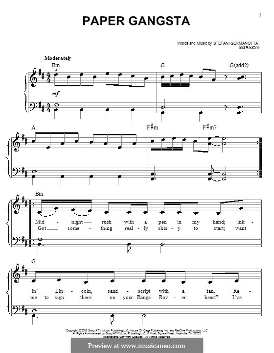 Paper Gangsta (Lady Gaga): Для фортепиано (легкий уровень) by RedOne, Stefani Germanotta