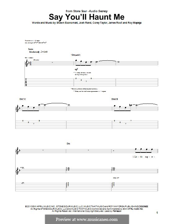 Say You'll Haunt Me (Stone Sour): Гитарная табулатура by Corey Taylor, James Root, Josh Rand, Roy Mayorga, Shawn Economaki