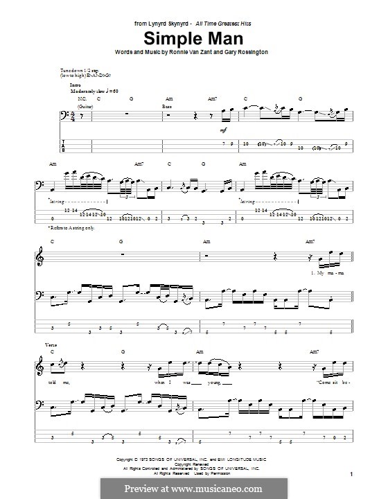 Simple Man (Lynyrd Skynyrd): Для бас-гитары с табулатурой by Gary Rossington, Ronnie Van Zant
