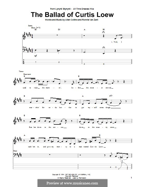 The Ballad of Curtis Loew (Lynyrd Skynyrd): Для бас-гитары с табулатурой by Allen Collins, Ronnie Van Zant