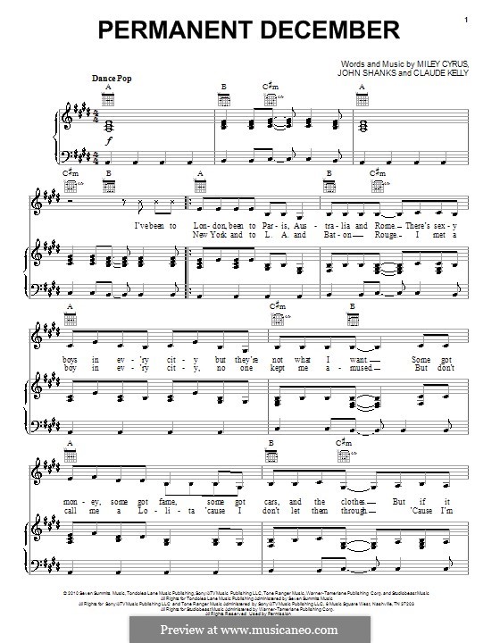 Permanent December (Miley Cyrus): Для голоса и фортепиано (или гитары) by Claude Kelly, John M Shanks