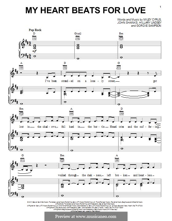 My Heart Beats for Love (Miley Cyrus): Для голоса и фортепиано (или гитары) by Gordie Sampson, Hillary Lindsey, John M Shanks