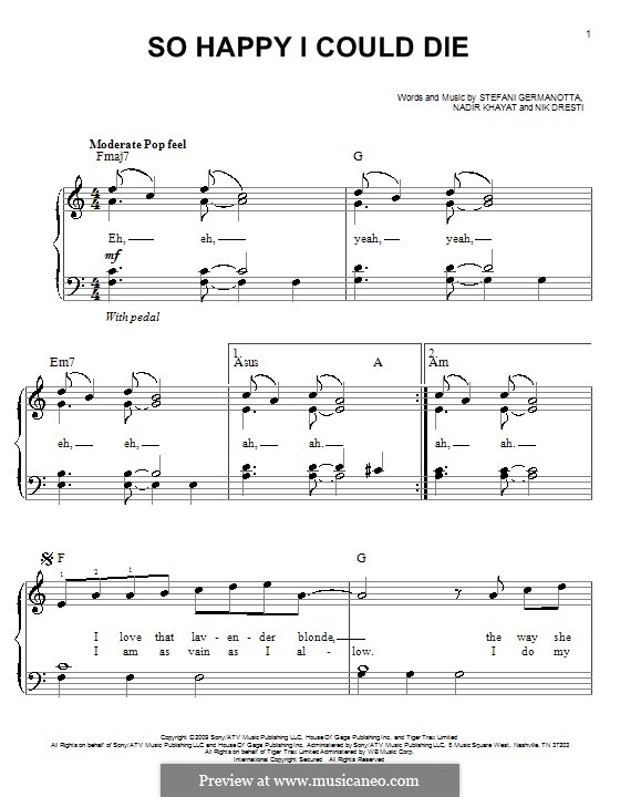 So Happy I Could Die (Lady Gaga): Для фортепиано (легкий уровень) by RedOne, Nick Dresti, Stefani Germanotta