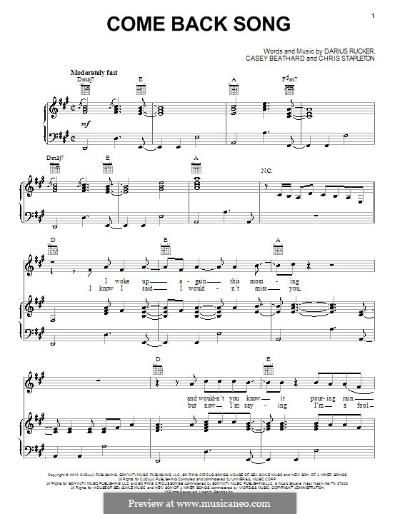 Come Back Song (Darius Rucker): Для голоса и фортепиано (или гитары) by Casey Beathard, Chris Stapleton