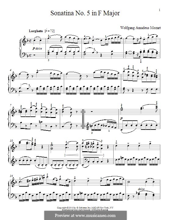 Сонатина для фортепиано фа мажор: Для одного исполнителя by Вольфганг Амадей Моцарт