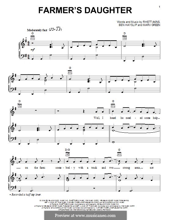 Farmer's Daughter (Rodney Atkins): Для голоса и фортепиано (или гитары) by Ben Hayslip, Marv Green, Rhett Akins
