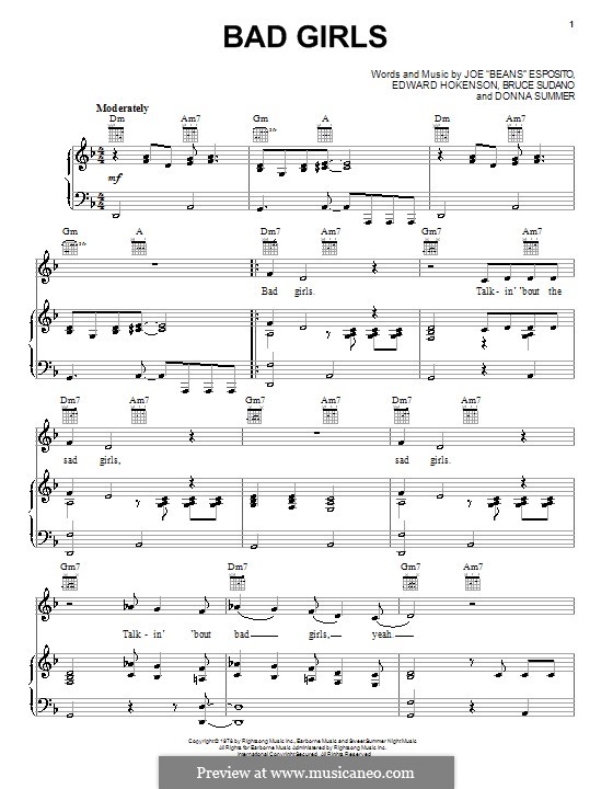 Bad Girls (Donna Summer): Для голоса и фортепиано (или гитары) by Bruce Sudano, Edward Hokenson, Joe 'Bean' Esposito