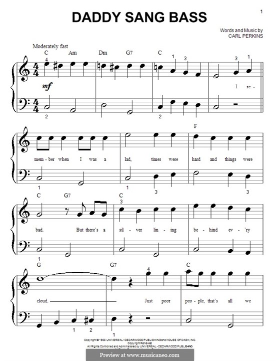 Daddy Sang Bass (Johnny Cash): Для фортепиано (очень легкая версия) by Carl Lee Perkins