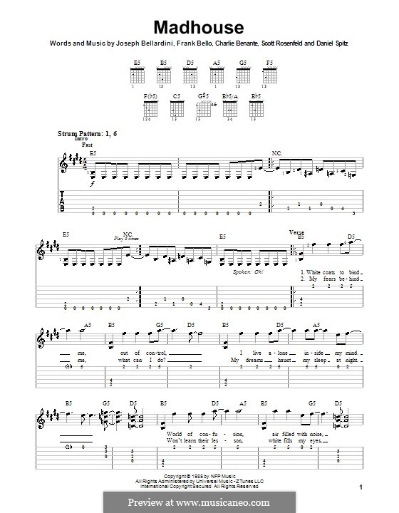 Madhouse (Anthrax): Для гитары (очень легкая версия) by Charlie Benante, Daniel Spitz, Frank Bello, Joseph Bellardini, Scott Ian Rosenfeld