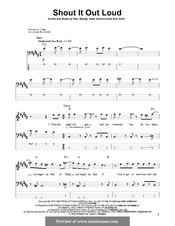 Shout It Out Loud (KISS): Для бас-гитары с табулатурой by Bob Ezrin, Gene Simmons, Paul Stanley