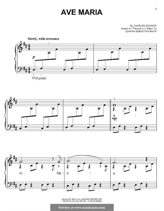 Ave Maria (Printable Sheet Music): Версия для начинающего пианиста by Иоганн Себастьян Бах, Шарль Гуно