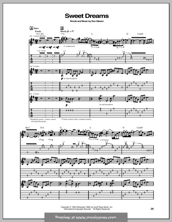 Sweet Dreams (Patsy Cline): Гитарная табулатура by Don Gibson