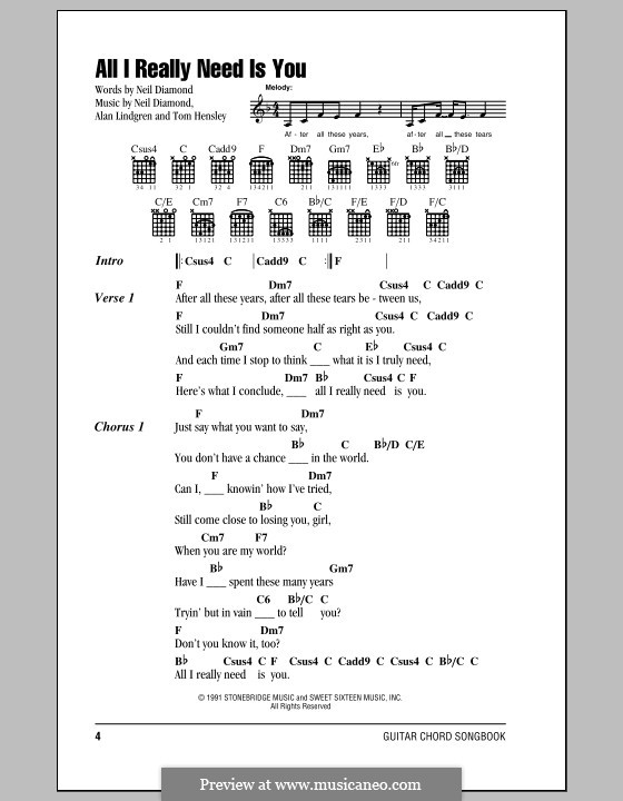 All I Really Need Is You: Текст, аккорды by Alan Lindgren, Tom Hensley