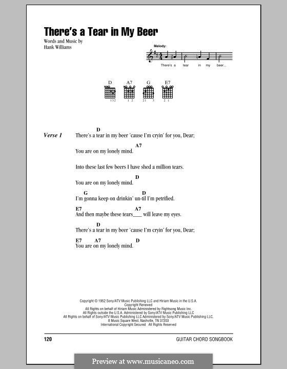There's a Tear in My Beer: Текст, аккорды by Hank Williams