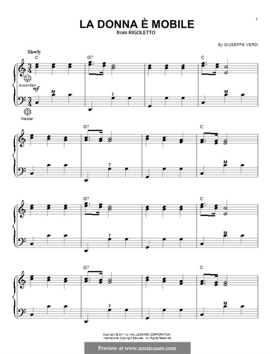 La donna è mobile (Over the Summer Sea) printable scores: Для аккордеона by Джузеппе Верди