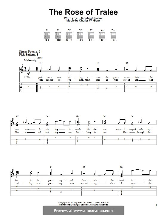 The Rose of Tralee: For easy guitar tablature by Charles William Glover